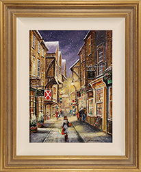 Gordon Lees, Original oil painting on panel, A Light Dusting, The Shambles, York Medium image. Click to enlarge