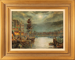 Gordon Lees, Original oil painting on canvas, Whitby Harbour By Moonlight Medium image. Click to enlarge