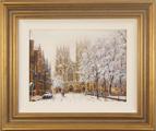Gordon Lees, Original oil painting on panel, Falling Snow on York Minster Medium image. Click to enlarge