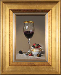 Javier Mulio, Original oil painting on panel, Red Wine and Ripened Fruits