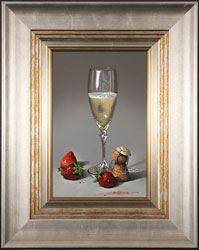 Javier Mulio, Original oil painting on panel, Strawberries and Champagne