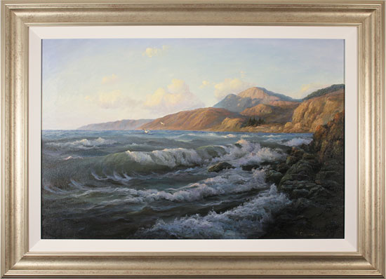 Juriy Ohremovich, Original oil painting on canvas, Crashing Waves and Coastal Light
