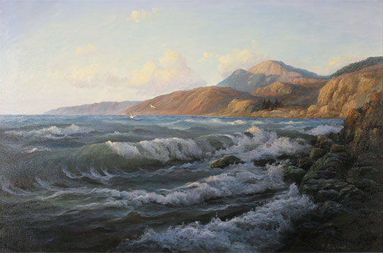 Juriy Ohremovich, Original oil painting on canvas, Crashing Waves and Coastal Light