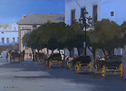 Michael John Ashcroft, ROI, Original oil painting on panel, Horse and Carriage Stop, Seville Medium image. Click to enlarge