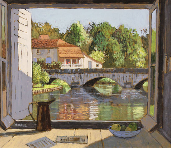 Mike Hall, Original acrylic painting on board, View of the Bridge Brantôme