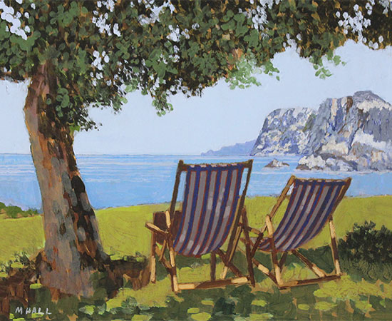 Mike Hall, Two Striped Deck Chairs, Original acrylic painting on board