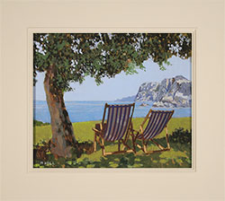 Mike Hall, Original acrylic painting on board, Two Striped Deck Chairs Medium image. Click to enlarge