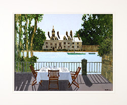 Mike Hall, Original acrylic painting on board, Lunch Table with a View of the College