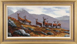 Natalie Stutely, Original oil painting on panel, Stag and Hinds, Scottish Highlands  Medium image. Click to enlarge