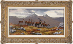 Natalie Stutely, Original oil painting on panel, Stag and Hinds, Scottish Highlands Medium image. Click to enlarge