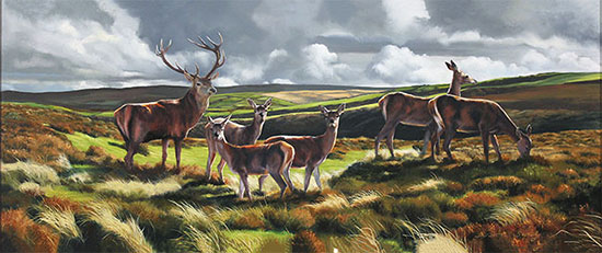 Natalie Stutely, Original oil painting on panel, Stag and Hinds No frame image. Click to enlarge