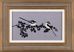 Natalie Stutely, Original oil painting on panel, Longtail Tits on Blackberries Medium image. Click to enlarge