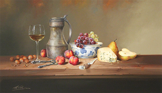 Paul Wilson, Original oil painting on panel, Still Life with Cheese, Fruit and Wine