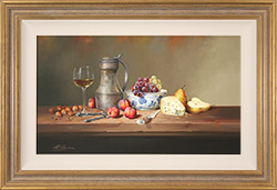 Paul Wilson, Original oil painting on panel, Still Life with Cheese, Fruit and Wine Medium image. Click to enlarge