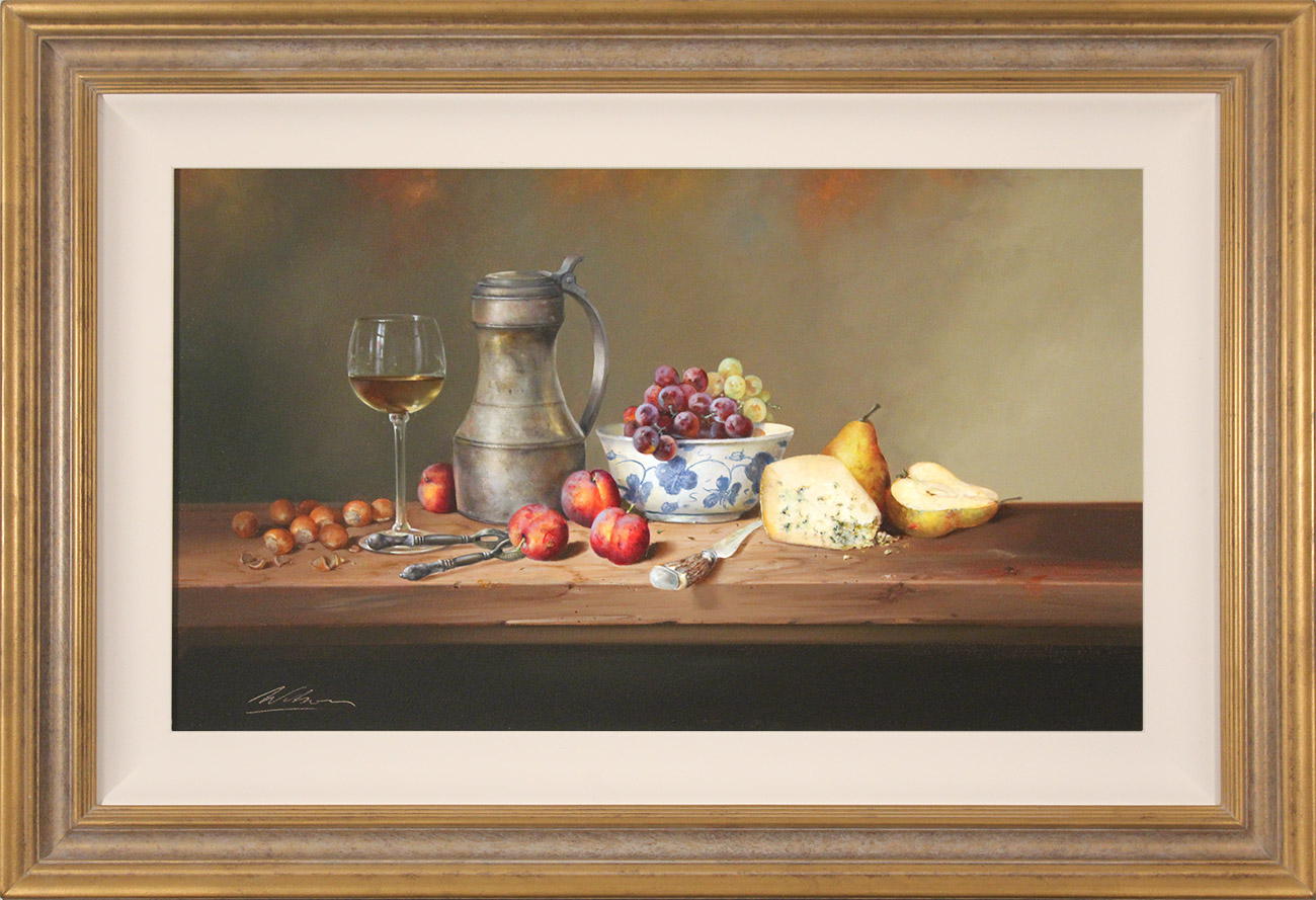 Paul Wilson, Original oil painting on panel, Still Life with Cheese, Fruit and Wine Click to enlarge