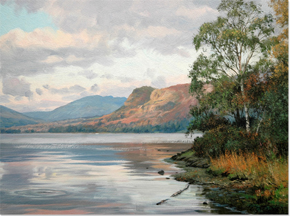 Peter Barker, Original oil painting on panel, Calm Derwentwater, Cumbria