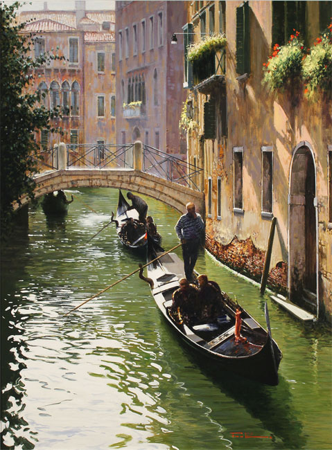 Raffaele Fiore, Original oil painting on canvas, Venetian Gondolas 