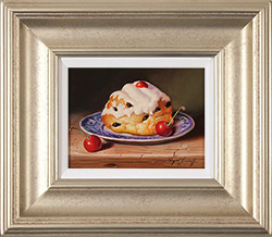 Raymond Campbell, Original oil painting on panel, Belgian Bun with Cherries  Medium image. Click to enlarge