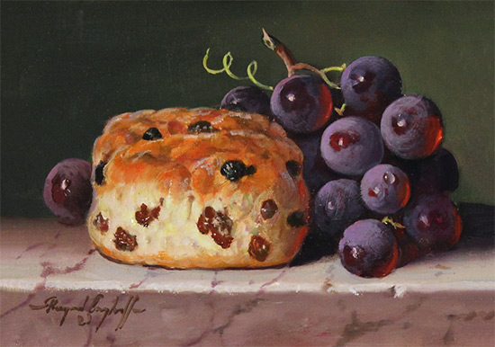 Raymond Campbell, Original oil painting on panel, Scone with Grapes No frame image. Click to enlarge