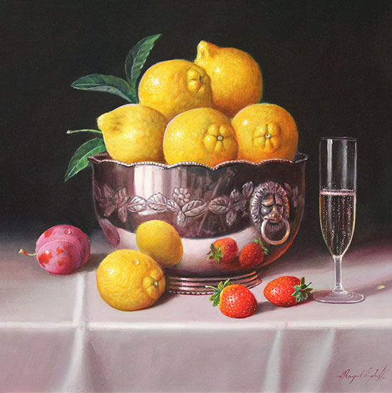 Raymond Campbell, Original oil painting on panel, Bowl of Lemons No frame image. Click to enlarge