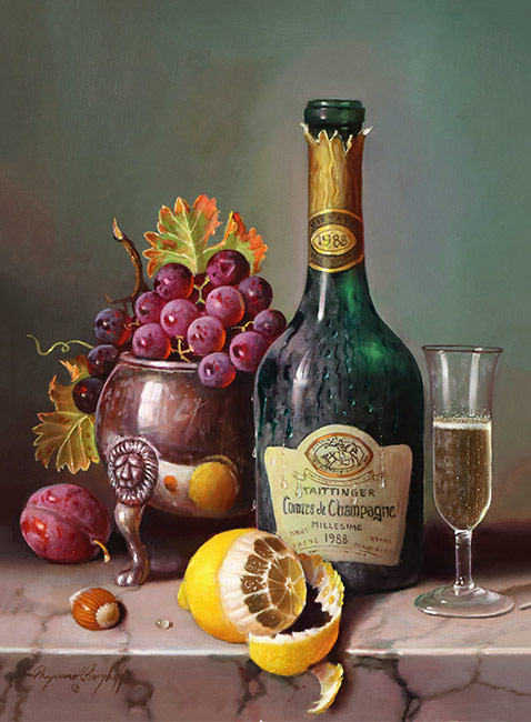 Raymond Campbell, Original oil painting on panel, Chilled Taittinger, 1988 Vintage Champagne No frame image. Click to enlarge
