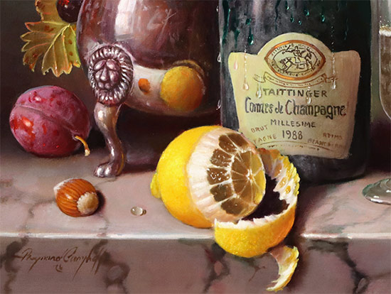 Raymond Campbell, Original oil painting on panel, Chilled Taittinger, 1988 Vintage Champagne Signature image. Click to enlarge