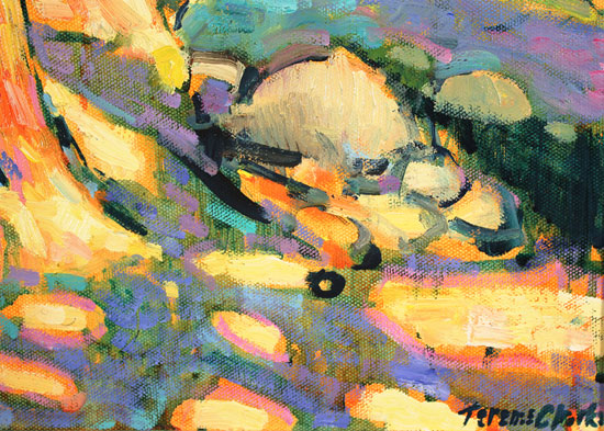 Terence Clarke, Original oil painting on canvas, Rocks and Pines, Cap Ferrat Signature image. Click to enlarge
