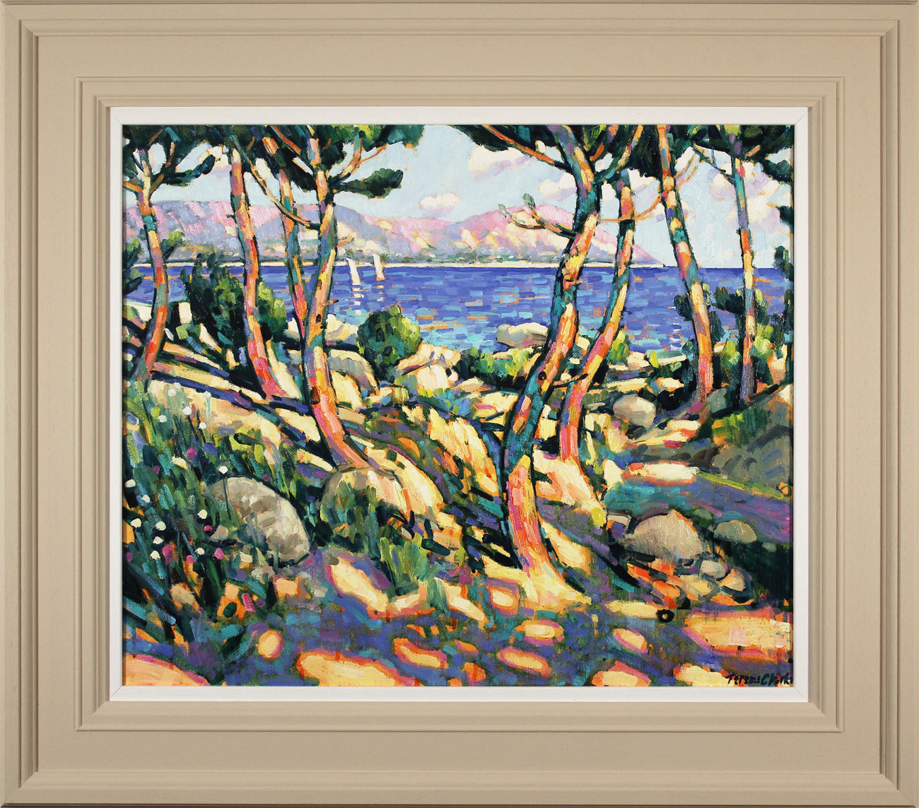 Terence Clarke, Original oil painting on canvas, Rocks and Pines, Cap Ferrat Click to enlarge