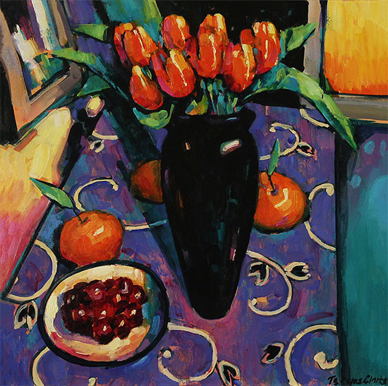 Terence Clarke, Original acrylic painting on canvas, Tulips and Tangerines  No frame image. Click to enlarge