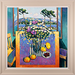 Terence Clarke, Original oil painting on canvas, Flowers in the Window, Lake Garda  Medium image. Click to enlarge