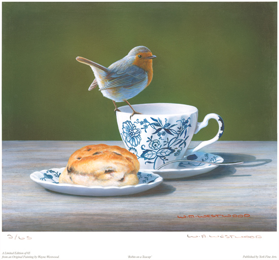 Wayne Westwood, Signed limited edition print, Robin on a Teacup
