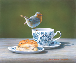 Wayne Westwood, Signed limited edition print, Robin on a Teacup Medium image. Click to enlarge